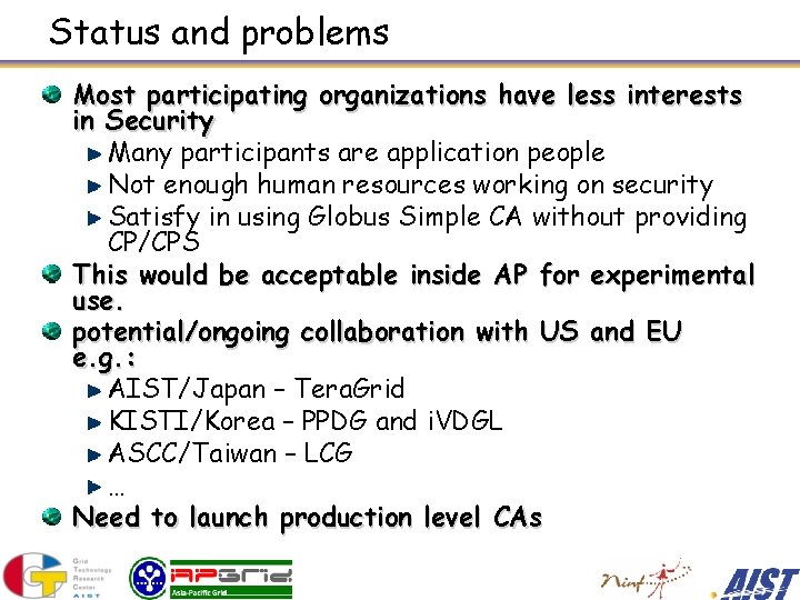 Status and problems Most participating organizations have less interests in Security Many participants are