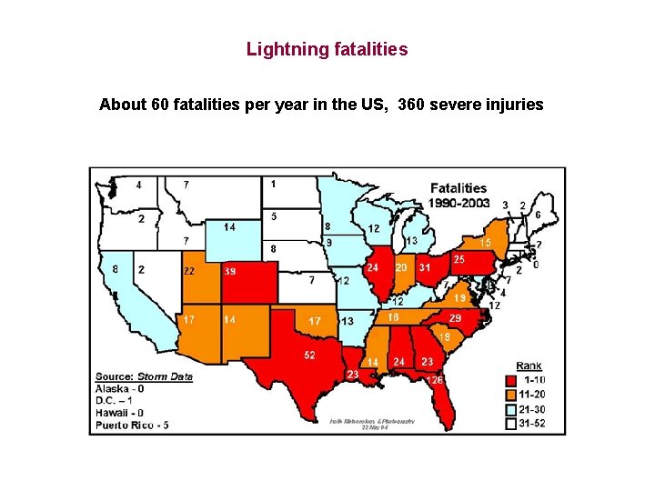 Lightning fatalities About 60 fatalities per year in the US, 360 severe injuries 