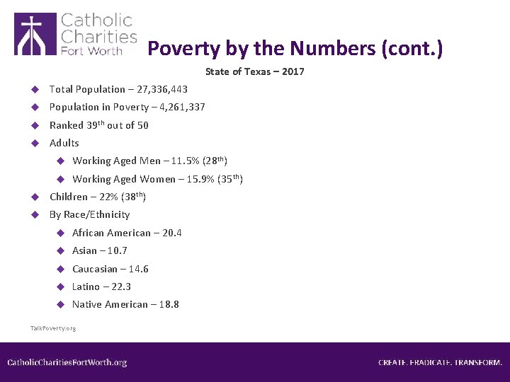 Poverty by the Numbers (cont. ) State of Texas – 2017 Total Population –