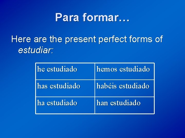 Para formar… Here are the present perfect forms of estudiar: he estudiado hemos estudiado