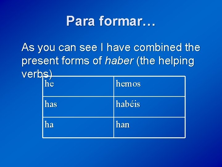 Para formar… As you can see I have combined the present forms of haber