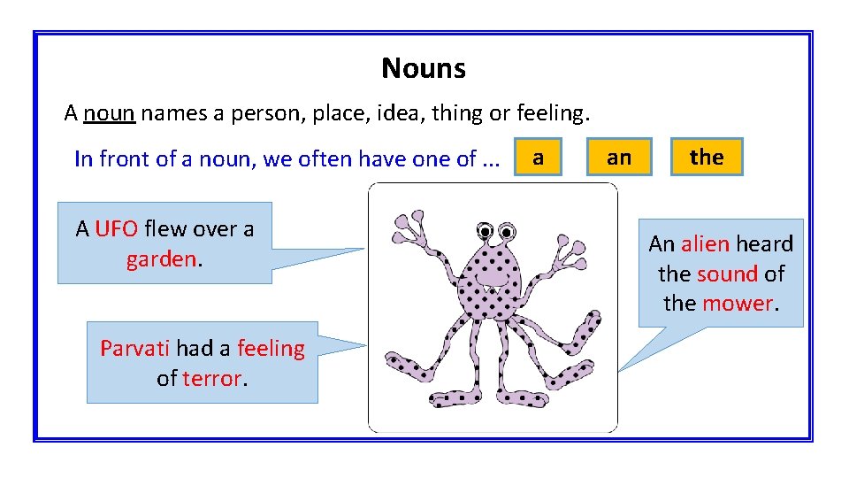 Nouns A noun names a person, place, idea, thing or feeling. In front of