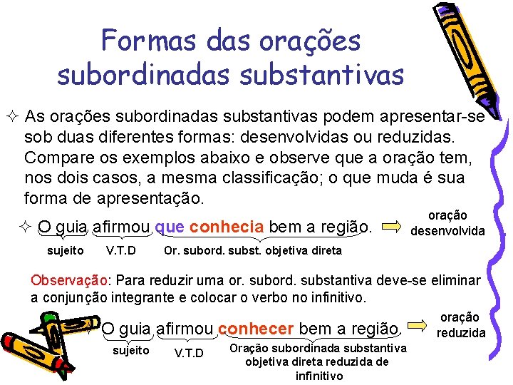 Formas das orações subordinadas substantivas As orações subordinadas substantivas podem apresentar-se sob duas diferentes