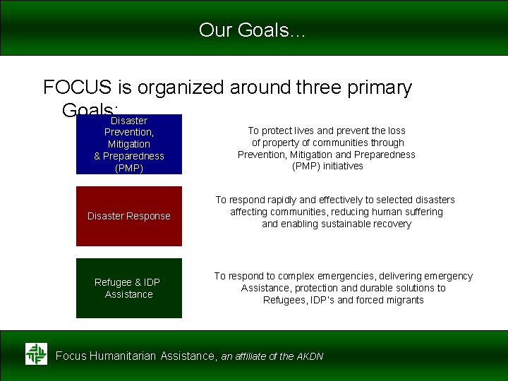 Our Goals… FOCUS is organized around three primary Goals; Disaster Prevention, Mitigation & Preparedness