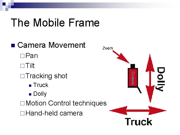 The Mobile Frame n Camera Movement ¨ Pan ¨ Tilt ¨ Tracking shot Truck