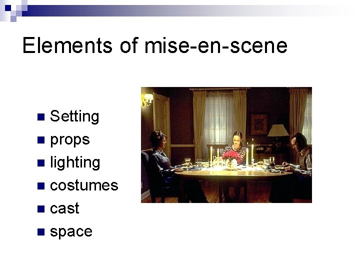 Elements of mise-en-scene Setting n props n lighting n costumes n cast n space