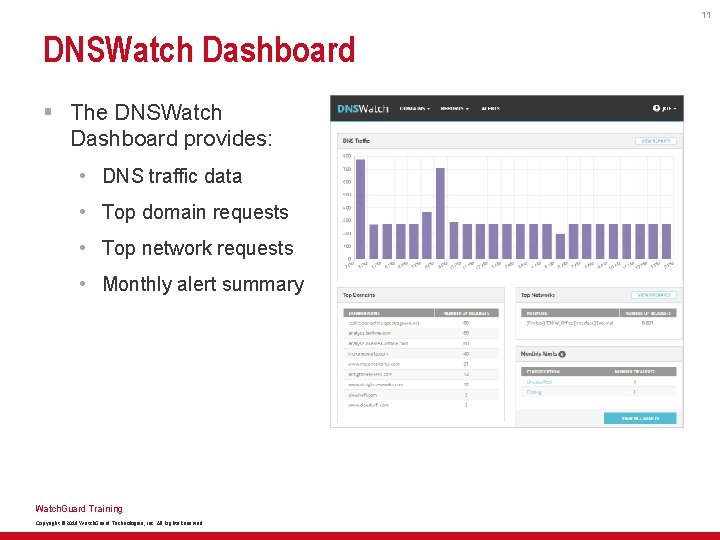 11 DNSWatch Dashboard § The DNSWatch Dashboard provides: • DNS traffic data • Top