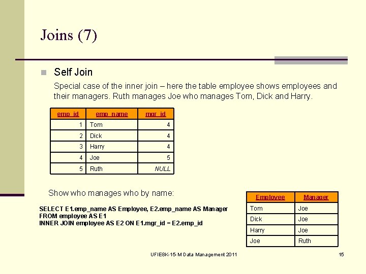 Joins (7) n Self Join Special case of the inner join – here the