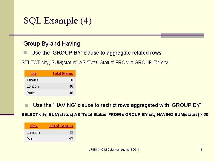 SQL Example (4) Group By and Having n Use the ‘GROUP BY’ clause to