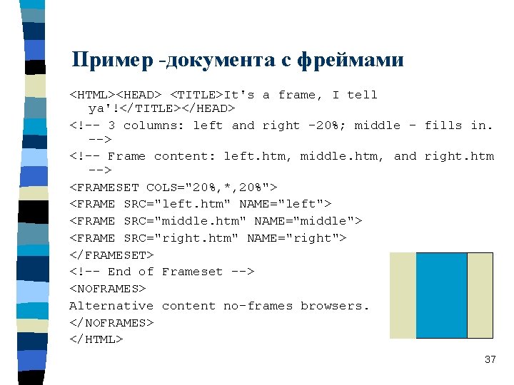Пример -документа с фреймами <HTML><HEAD> <TITLE>It's a frame, I tell ya'!</TITLE></HEAD> <!-- 3 columns: