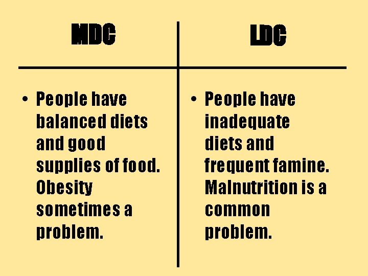 MDC • People have balanced diets and good supplies of food. Obesity sometimes a