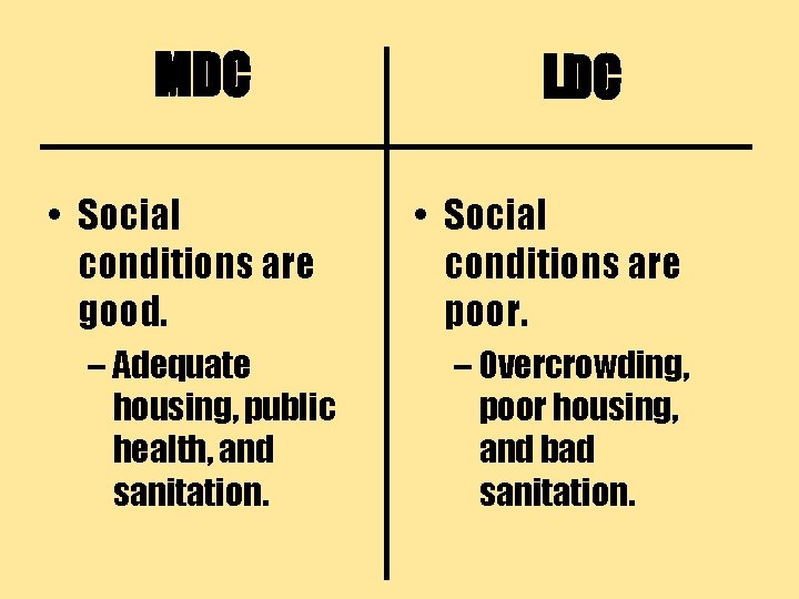 MDC • Social conditions are good. – Adequate housing, public health, and sanitation. LDC