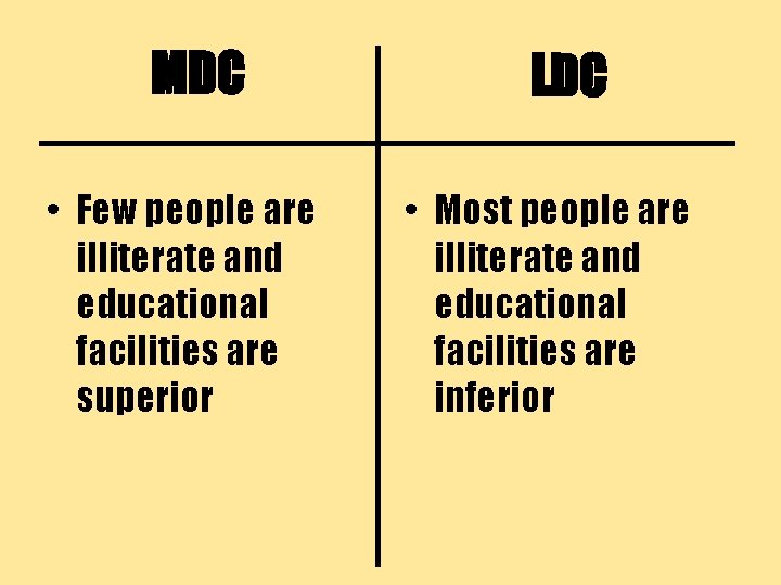 MDC • Few people are illiterate and educational facilities are superior LDC • Most