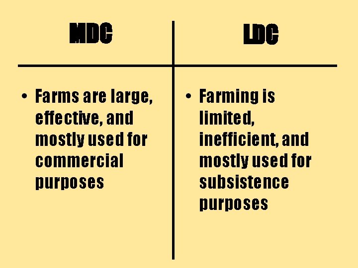 MDC • Farms are large, effective, and mostly used for commercial purposes LDC •