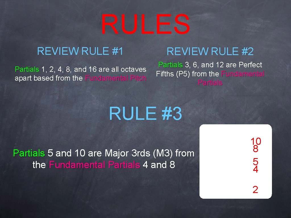 RULES REVIEW RULE #1 REVIEW RULE #2 Partials 1, 2, 4, 8, and 16