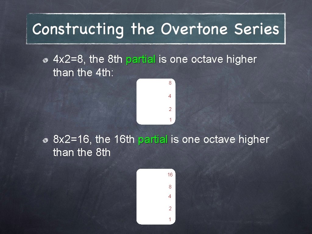 4 x 2=8, the 8 th partial is one octave higher than the 4