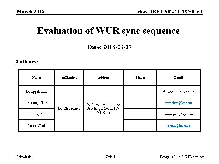 March 2018 doc. : IEEE 802. 11 -18/504 r 0 Evaluation of WUR sync