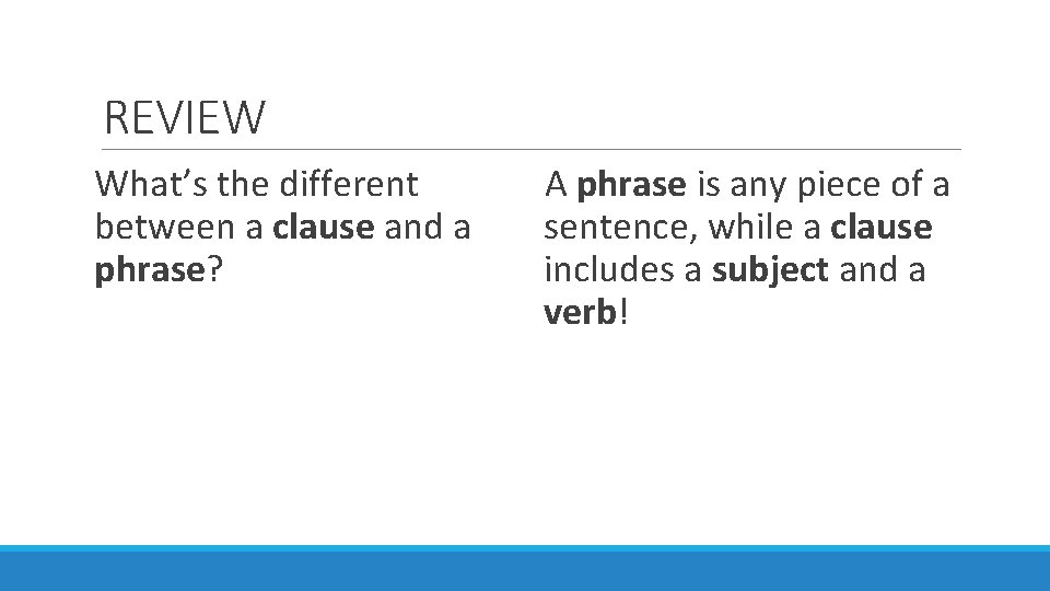 REVIEW What’s the different between a clause and a phrase? A phrase is any