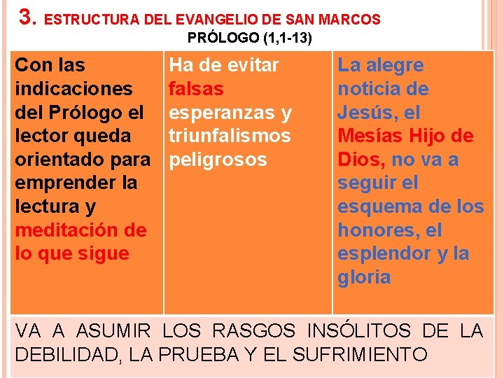 3. ESTRUCTURA DEL EVANGELIO DE SAN MARCOS PRÓLOGO (1, 1 -13) Con las indicaciones