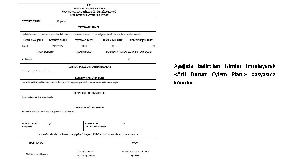 Aşağıda belirtilen isimler imzalayarak «Acil Durum Eylem Planı» dosyasına konulur. 