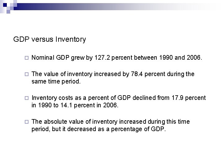 GDP versus Inventory ¨ Nominal GDP grew by 127. 2 percent between 1990 and