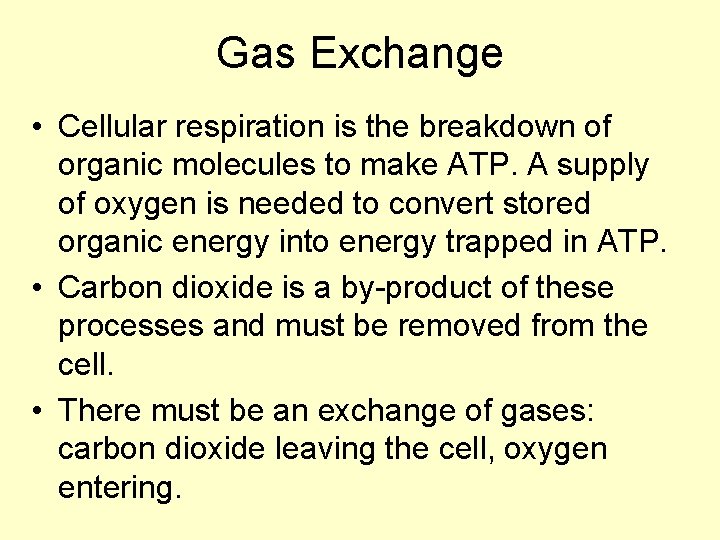 Gas Exchange • Cellular respiration is the breakdown of organic molecules to make ATP.