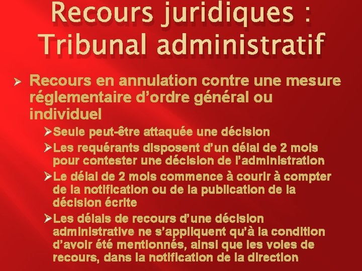 Recours juridiques : Tribunal administratif Ø Recours en annulation contre une mesure réglementaire d’ordre