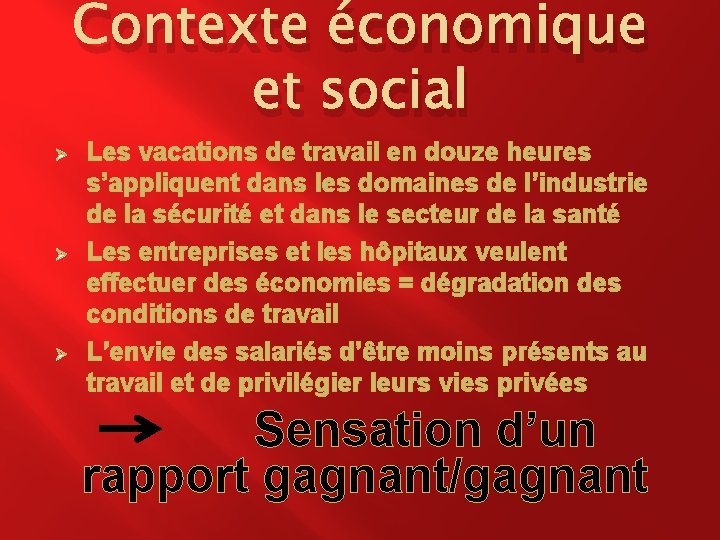 Contexte économique et social Ø Ø Ø Les vacations de travail en douze heures