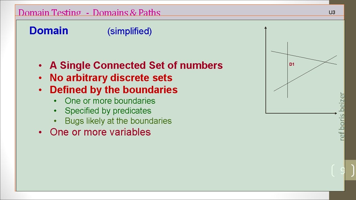 Domain Testing - Domains & Paths (simplified) • A Single Connected Set of numbers