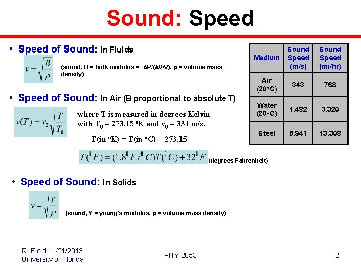 Sound: Speed • Speed of Sound: In Fluids (sound, B = bulk modulus =