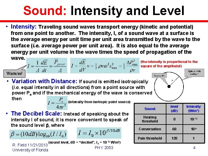 Sound: Intensity and Level • Intensity: Traveling sound waves transport energy (kinetic and potential)