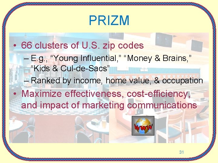 PRIZM • 66 clusters of U. S. zip codes – E. g. , “Young PRIZM • 66 clusters of U. S. zip codes – E. g. , “Young