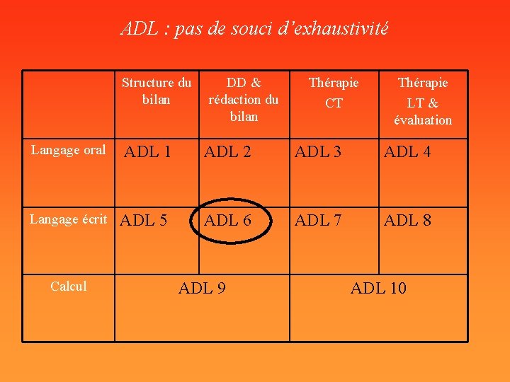 ADL : pas de souci d’exhaustivité Structure du bilan DD & rédaction du bilan