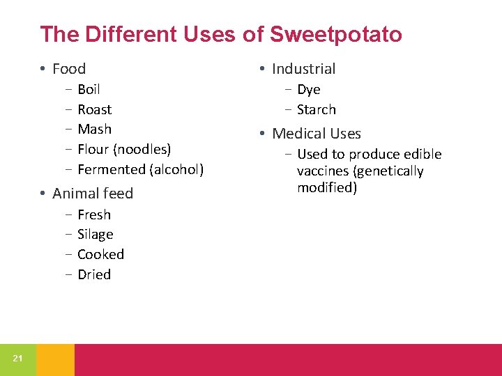 The Different Uses of Sweetpotato • Food − Boil − Roast − Mash −