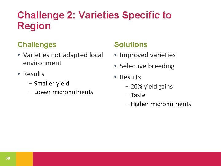 Challenge 2: Varieties Specific to Region Challenges • Varieties not adapted local environment •