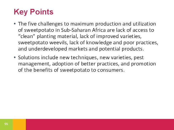 Key Points • The five challenges to maximum production and utilization of sweetpotato in