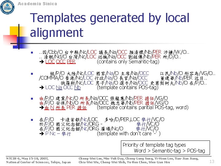 Academia Sinica Templates generated by local alignment n . . 因/Cbb/O 台中縣/Nc/LOC 議長/Na/OCC 顏清標/Nb/PER Academia Sinica Templates generated by local alignment n . . 因/Cbb/O 台中縣/Nc/LOC 議長/Na/OCC 顏清標/Nb/PER
