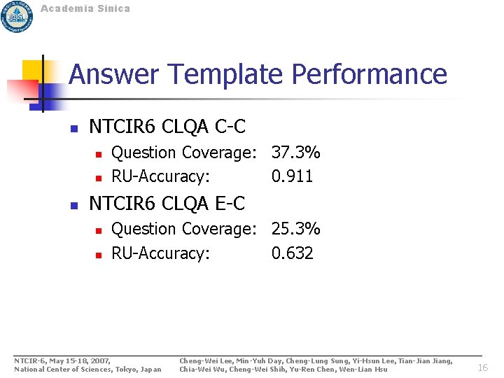Academia Sinica Answer Template Performance n NTCIR 6 CLQA C-C n n n Question
