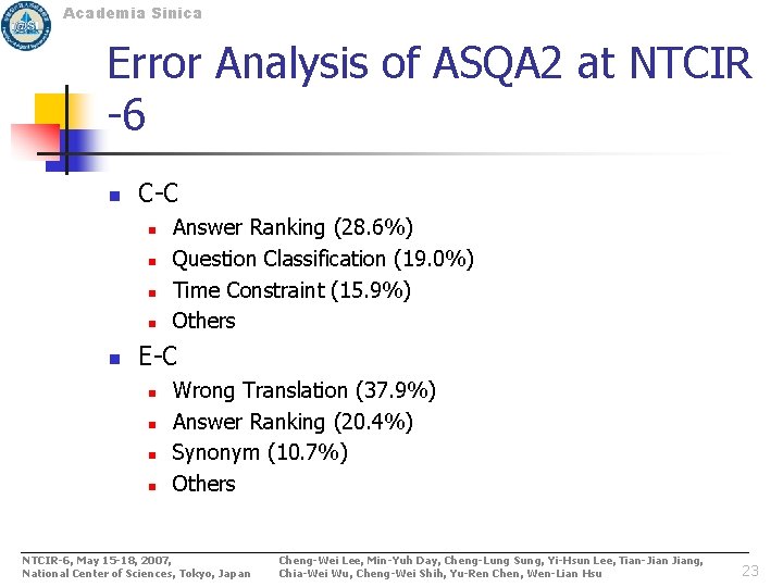 Academia Sinica Error Analysis of ASQA 2 at NTCIR -6 n C-C n n