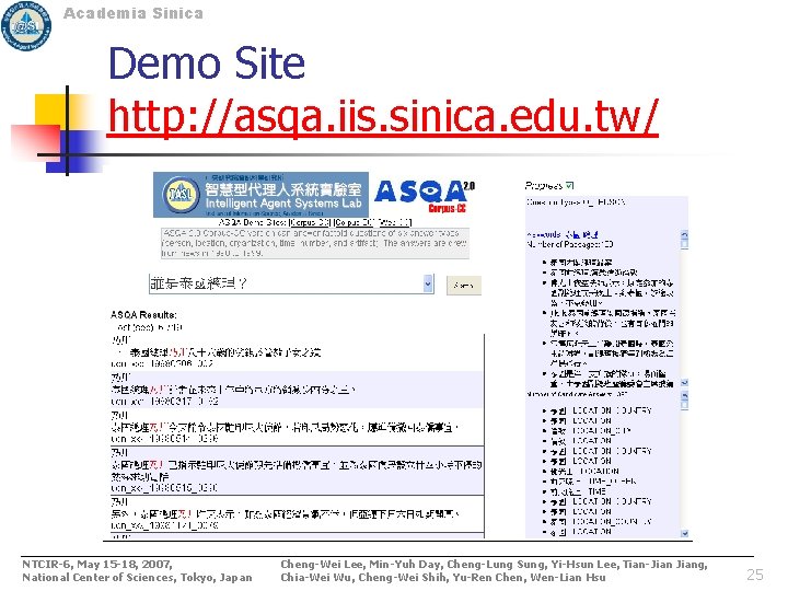 Academia Sinica Demo Site http: //asqa. iis. sinica. edu. tw/ NTCIR-6, May 15 -18,