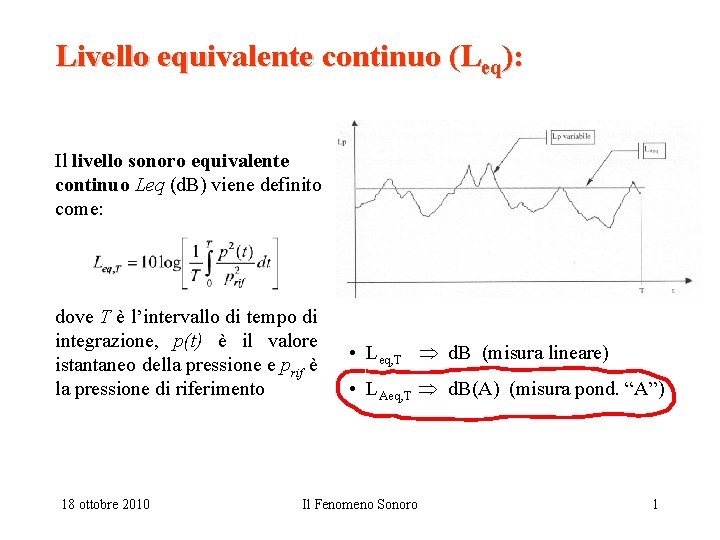 Livello equivalente continuo (Leq): Il livello sonoro equivalente continuo Leq (d. B) viene definito