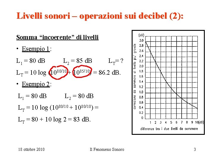 Livelli sonori – operazioni sui decibel (2): Somma “incoerente” di livelli • Esempio 1: