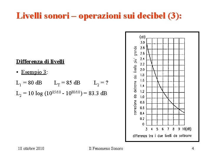 Livelli sonori – operazioni sui decibel (3): Differenza di livelli • Esempio 3: L