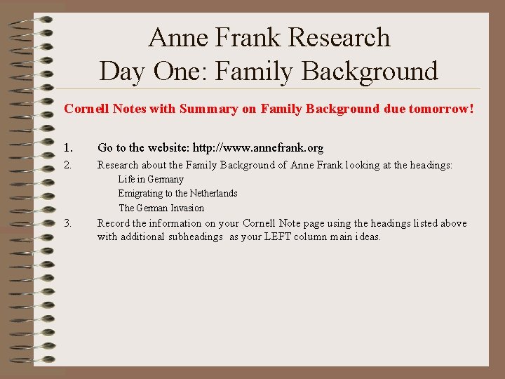Anne Frank Research Day One: Family Background Cornell Notes with Summary on Family Background