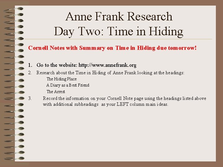 Anne Frank Research Day Two: Time in Hiding Cornell Notes with Summary on Time