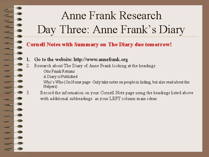 Anne Frank Research Day Three: Anne Frank’s Diary Cornell Notes with Summary on The