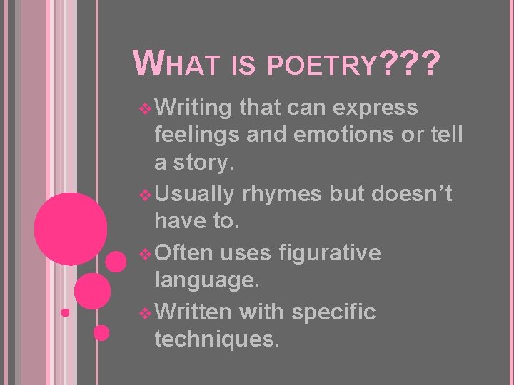 WHAT IS POETRY? ? ? v Writing that can express feelings and emotions or