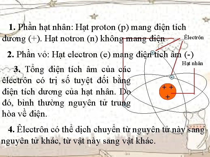1. Phần hạt nhân: Hạt proton (p) mang điện tích Êlectrôn dương (+). Hạt