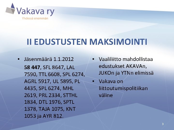 II EDUSTUSTEN MAKSIMOINTI • Jäsenmäärä 1. 1. 2012 58 447, SFL 8647, LAL 7590,