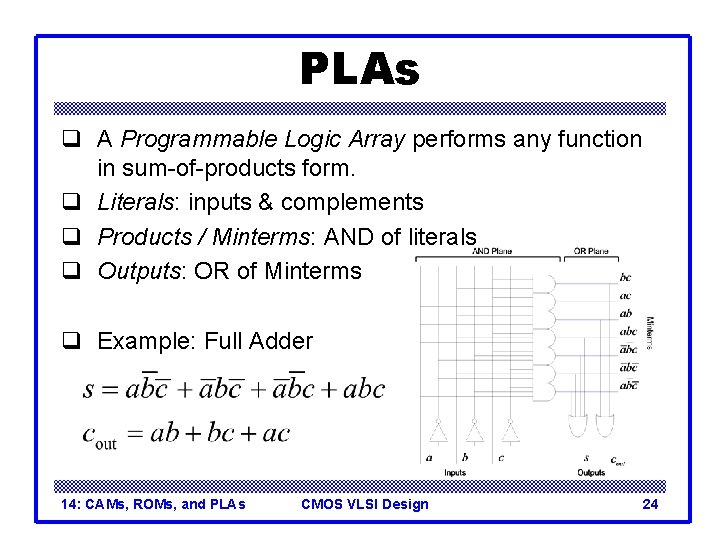 PLAs q A Programmable Logic Array performs any function in sum-of-products form. q Literals: